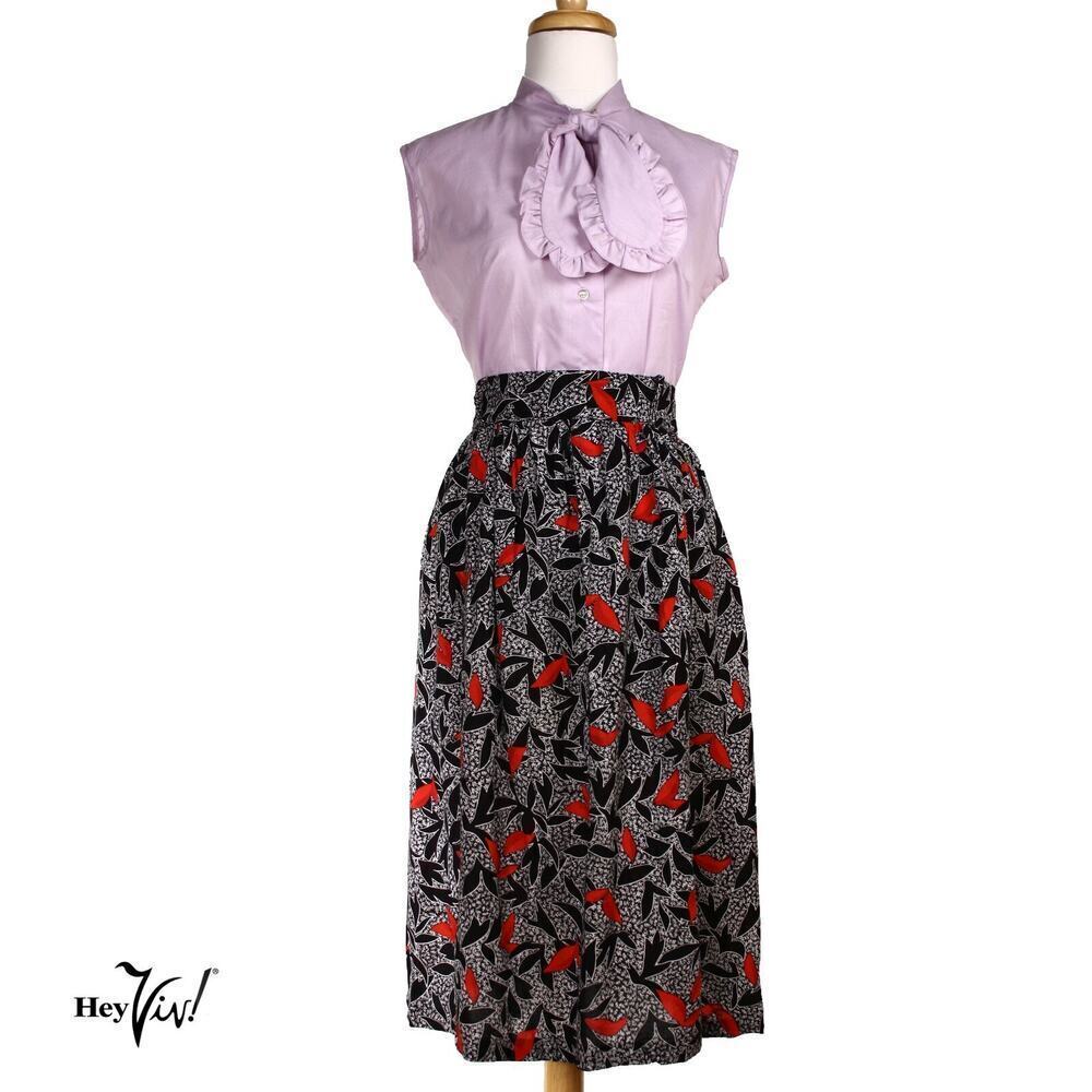 Vintage Robyn USA High Waist Midi Skirt Black White Red Print Med W29" - Hey Viv
